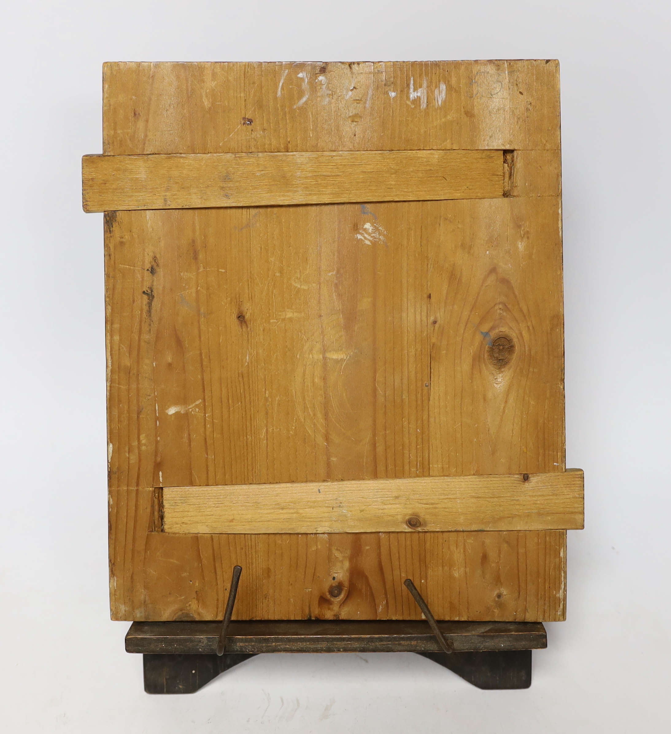 Late 19th century Russian School, hand painted Icon on panel, with stand, 26 x 21cm, unframed